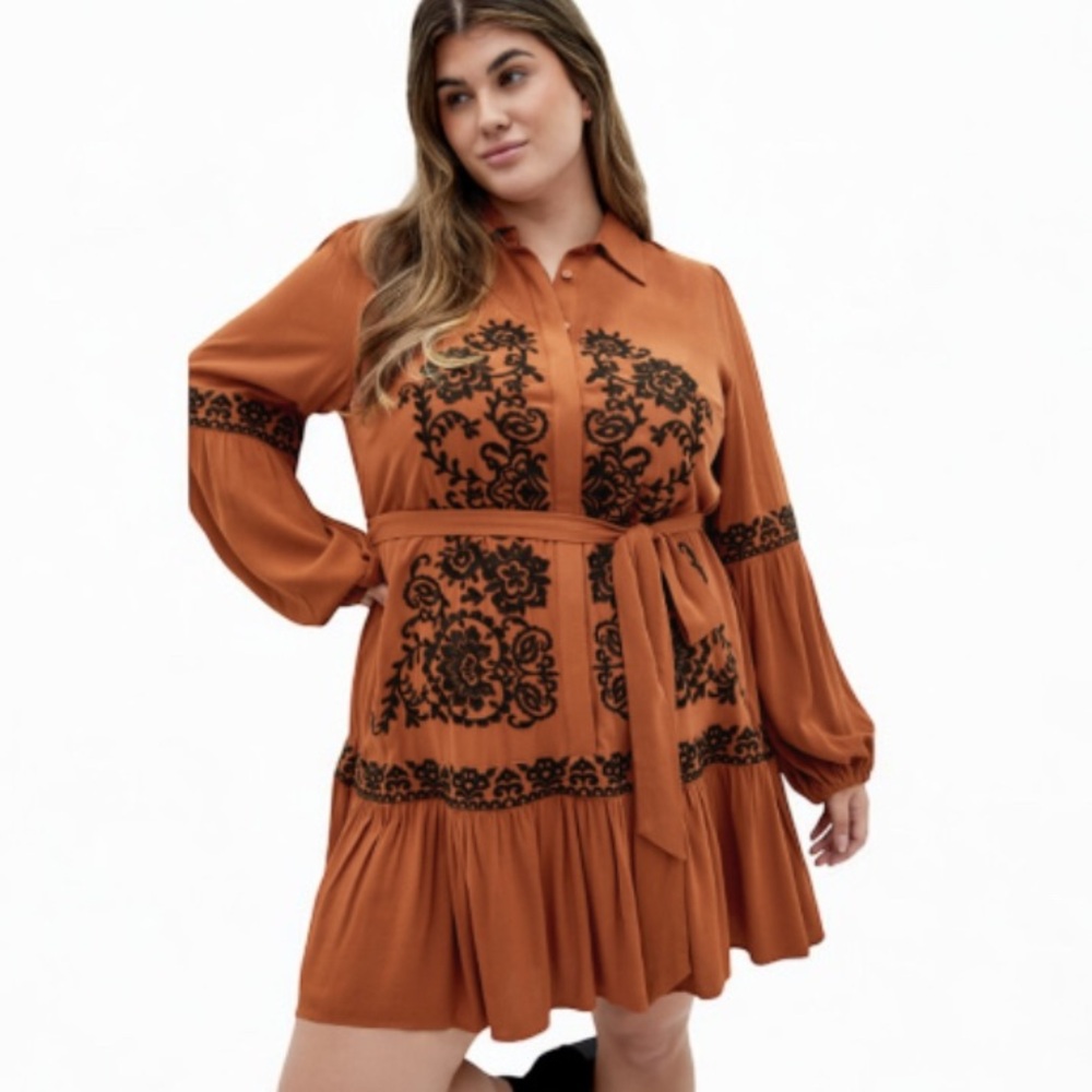 City Chic Caramel Black Embroidered Dress Boho Mini Long Sleeve Plus Size 18 NWT - Picture 3 of 7